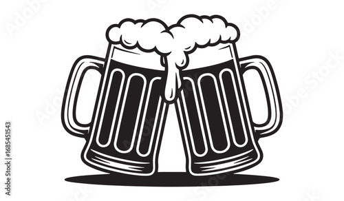 Two frothy beer mugs clinking together celebrating a festive occasion white background