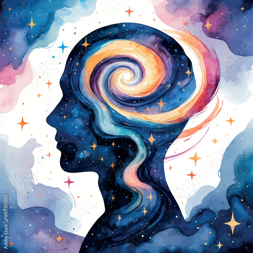 Watercolor vector human consciousness symbolized by galaxy in head silhouette, isolated