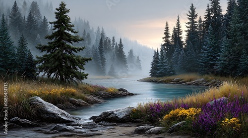 Vector painting illustration of a calm forest river at sunrise, with colorful wildflowers in the foreground and mist rising from the water.