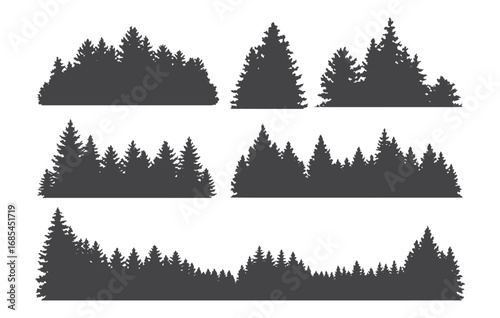 Collection of silhouetted pine forest landscape scenes for nature design elements white background