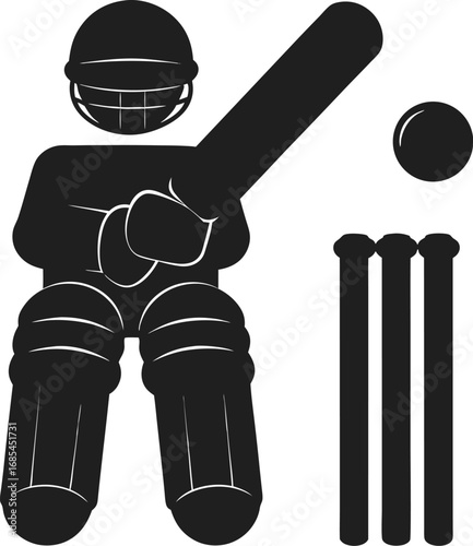 Cricket icon depicting a player with a bat, ball, and wickets. This vector image represents the sport with minimalist style