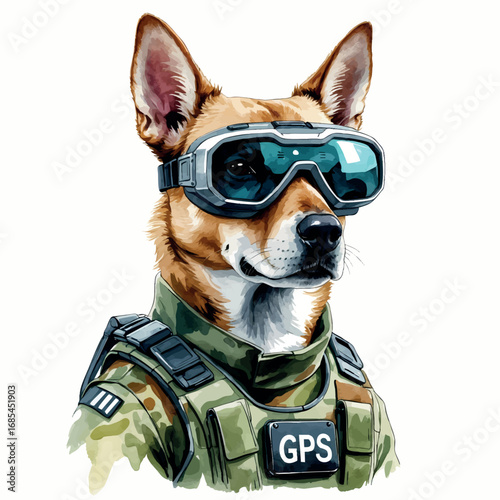 Watercolor vector military dog with AR goggles and GPS – advanced tech canine in service, isolated