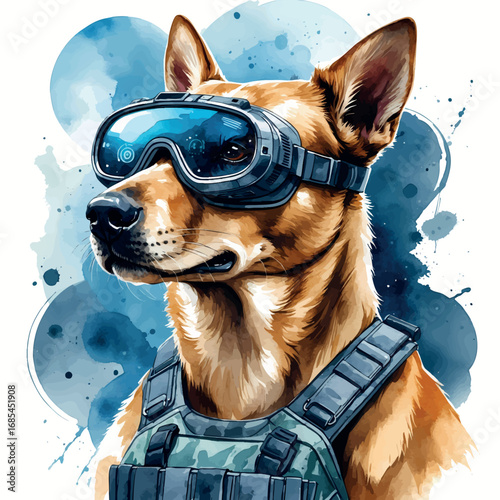 Watercolor vector military dog with AR goggles and GPS – advanced tech canine in service, isolated
