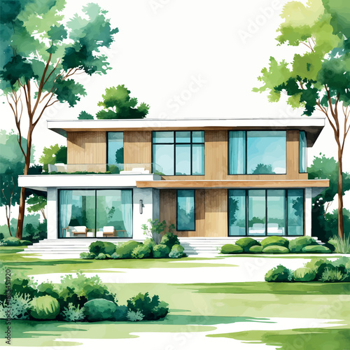 Watercolor vector of modern family home with greenery and clean design, isolated on white