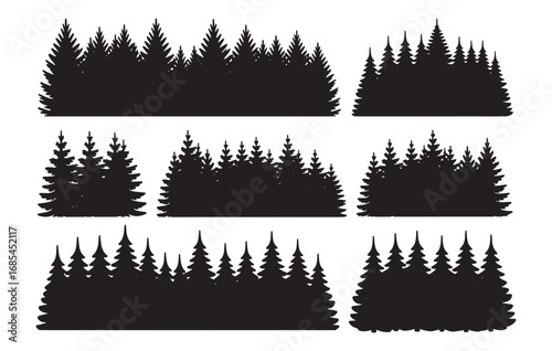 Collection of silhouetted evergreen forest scenes for natural outdoor ambiance white background