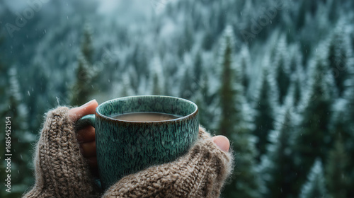 Hands in warm gloves holding a cup of hot drink in snowy forest during winter snowfall, cozy and calm seasonal moment outdoors