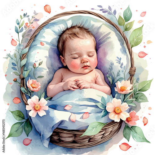 Watercolor vector of sleeping baby girl in floral basket, delicate and peaceful, isolated on white