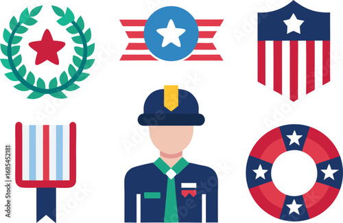 Memorial day icons collection vector usa flags soldiers eps illustration scalable