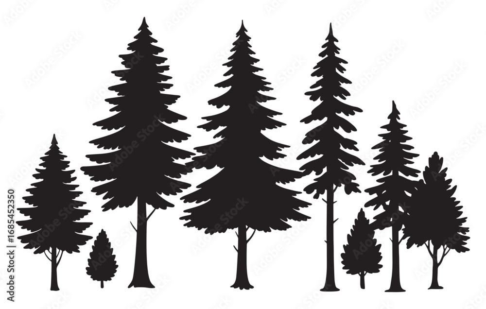 Fototapeta premium Diverse evergreen forest silhouette collection natural woodland scene for nature projects white background