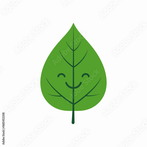 Smiling green leaf illustration happy plant nature theme cartoon style cheerful foliage.