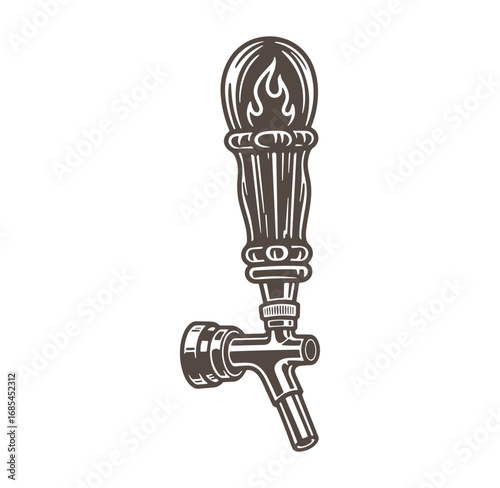 Vintage engraved beer tap design illustrating a classic ale or lager dispensing system