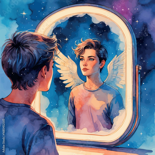 Watercolor vector of person seeing confident reflection in mirror transformation and self-belief concept isolated