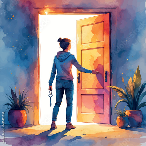 Watercolor vector of person unlocking glowing door, metaphor for discovering self-confidence and potential, isolated