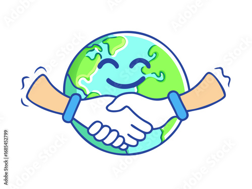 Smiling Earth with Handshake Cartoon Vector Symbolizing Global Unity and Peace
