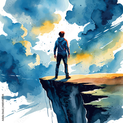 Watercolor vector brave figure facing storm on cliff, symbol of courage and resilience