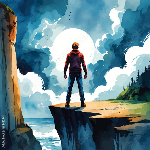Watercolor vector brave figure facing storm on cliff, symbol of courage and resilience