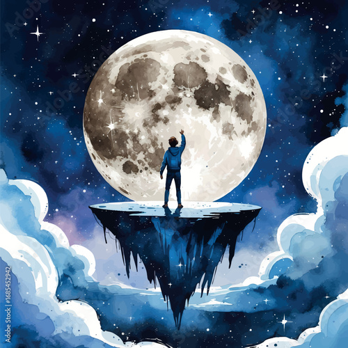 Watercolor vector lucid dream metaphor with floating island and moon, isolated