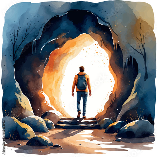 Watercolor vector person stepping from darkness to light, symbol of overcoming fear