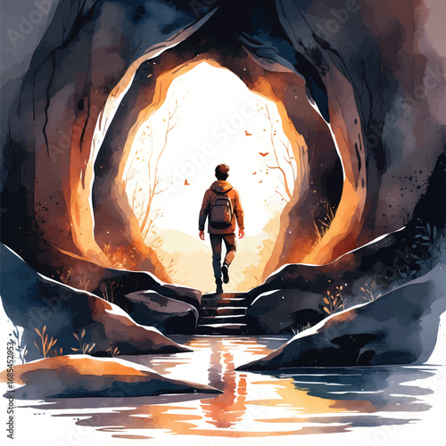 Watercolor vector person stepping from darkness to light, symbol of overcoming fear