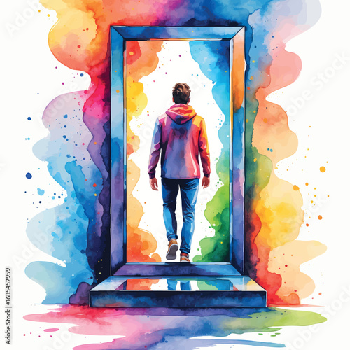 Watercolor vector of person entering mirror world of light, surreal inner transformation concept, isolated