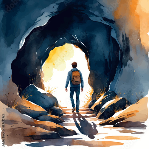 Watercolor vector person stepping from darkness to light, symbol of overcoming fear