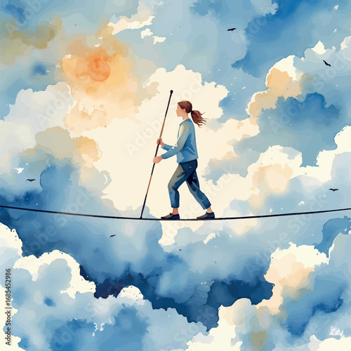 Watercolor vector of person balancing on tightrope above clouds, metaphor for life balance, isolated