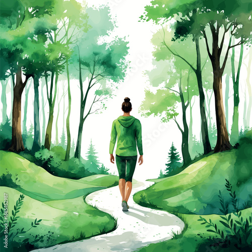 Watercolor vector person walking forest path as healing journey symbol