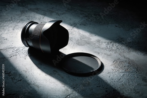 Abandoned Camera Lens - Dramatic Low-Key Lighting and Textured Surface.