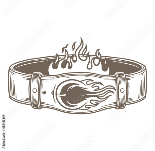 Vintage style illustration of a championship belt with flames and decorative elements