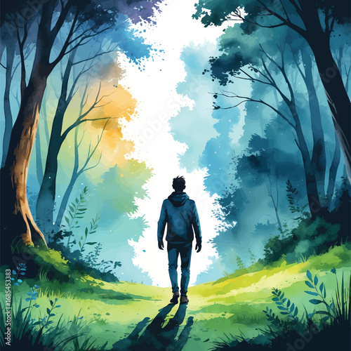 Watercolor vector of person exiting dark forest into light, symbol of awakening and personal growth, isolated