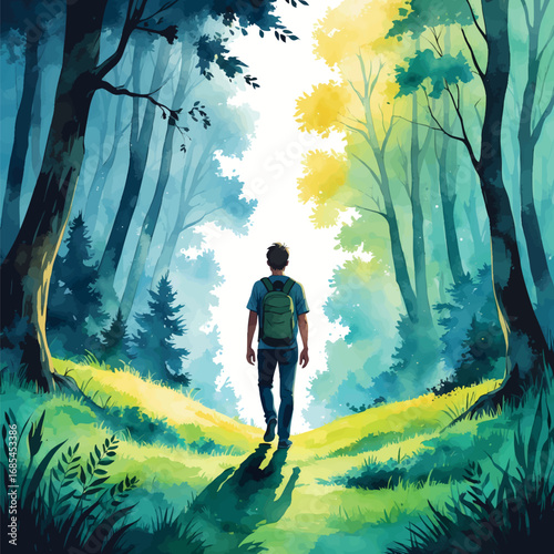 Watercolor vector of person exiting dark forest into light, symbol of awakening and personal growth, isolated