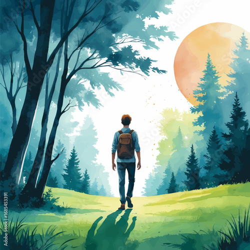 Watercolor vector of person exiting dark forest into light, symbol of awakening and personal growth, isolated