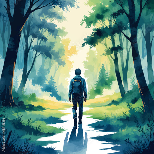 Watercolor vector of person exiting dark forest into light, symbol of awakening and personal growth, isolated