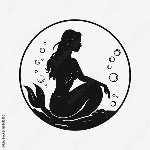 Mermaid Single Vintage Style Retro Graphic, Sitting Mermaid Silhouette Black Icon Symbol Vector Design