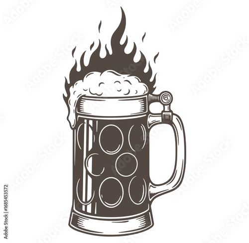 Vintage style illustration of a frothy beer stein with flames and foamy beer