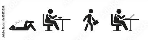 Daily Activity Icon Set – Vector Illustration of Sleeping, Eating, Walking with Briefcase, and Working on Laptop in Minimal Silhouette Style