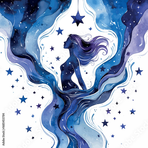 Watercolor vector of woman merging with water and stars, symbol of feminine intuition and emotional flow, isolated