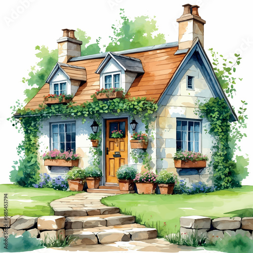 Watercolor vector of charming cottage-style family home with ivy and flower boxes, isolated on white