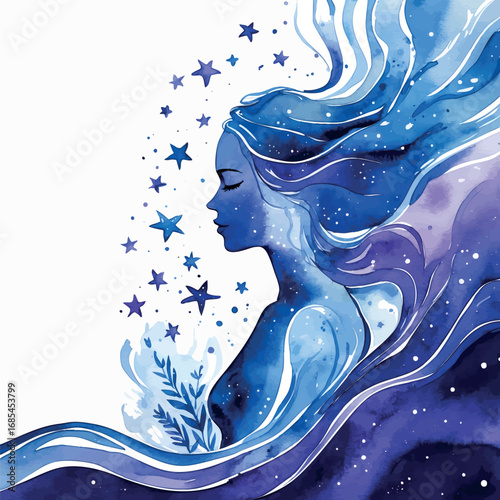 Watercolor vector of woman merging with water and stars, symbol of feminine intuition and emotional flow, isolated