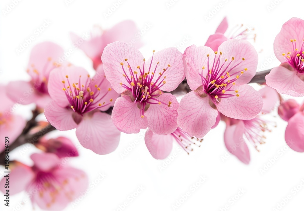 Fototapeta premium Close-up of delicate pink blossoms on a branch against a white background (1)