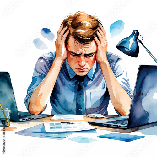 Watercolor vector stressed office worker overwhelmed at desk with laptop and papers, isolated