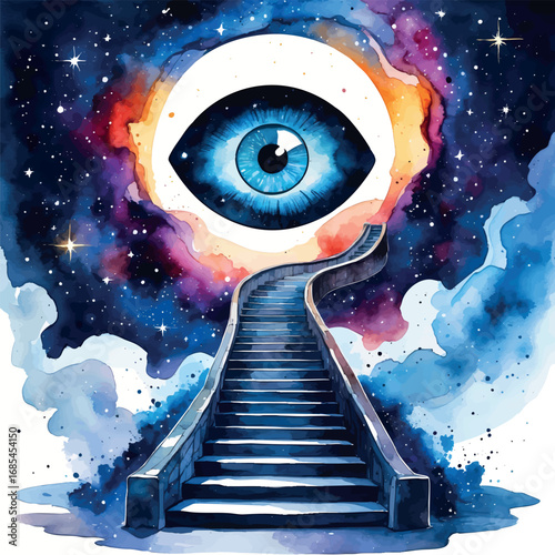 Watercolor vector of surreal stairway leading to cosmic eye in sky, mystical concept, isolated