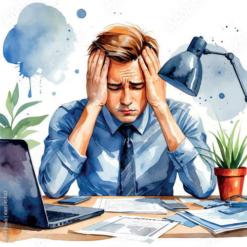Watercolor vector stressed office worker overwhelmed at desk with laptop and papers, isolated