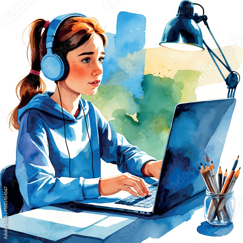 Watercolor vector of teen in online psychotherapy session with headphones and laptop, virtual teen therapy, isolated