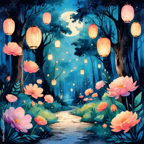 Watercolor vector dreamy forest with lanterns and moonlight, magical dream state, isolated