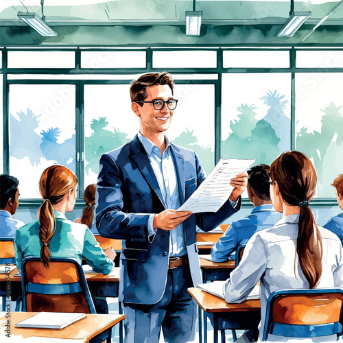 Watercolor vector of teacher distributing exam sheets in classroom, official test scenario, isolated