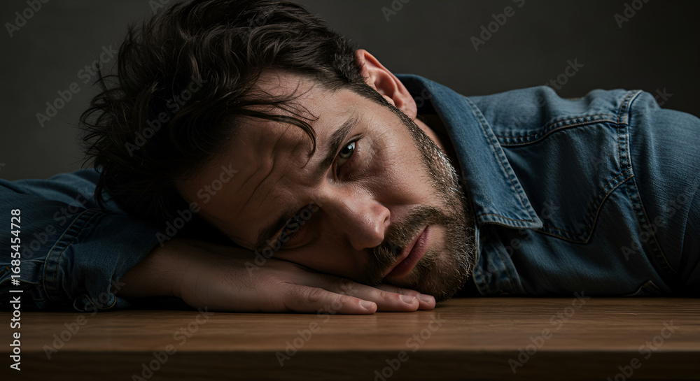 Obraz premium Man resting head on table, stressed but resilient expression, perseverance and mental health concept
