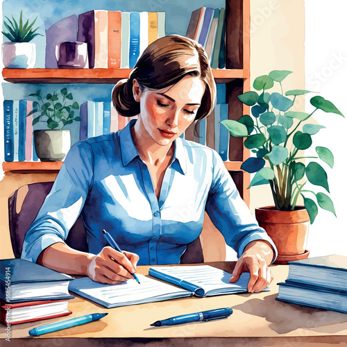 Watercolor vector of psychotherapy scene with therapist taking notes and calm interior, isolated