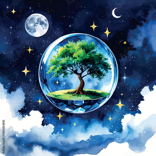 Watercolor vector of floating crystal sphere with tree in night sky, dreamlike surreal scene, isolated