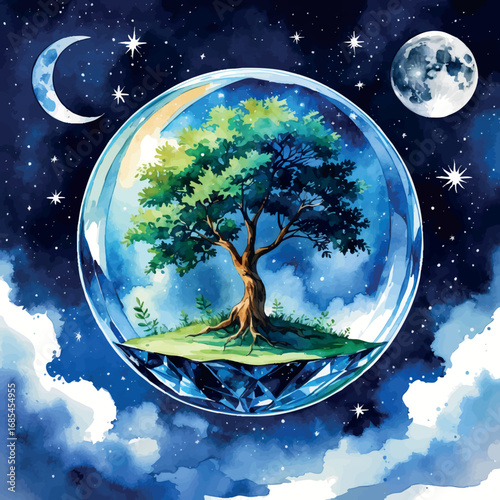 Watercolor vector of floating crystal sphere with tree in night sky, dreamlike surreal scene, isolated